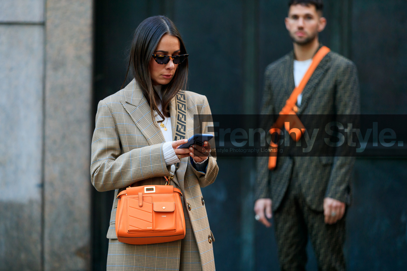 alice & j.s, beige coat, checked, fendi, graphic jacket, leather bag, orange bag, plaid, printed jacket, sunglasses, MILAN, MFW, fashion week, frenchystyle, FW, jonathan paciullo, street style, AUTUMN WINTER 2019-2020, AW 19-20, FALL WINTER 2019-2020, FW 19-20, atmosphere details, detail, horizontal