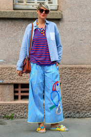 blue pants, blue shirt, brown bag, drawings, elisa nalin, fashion week, frenchystyle, full length, FW, graphic pants, graphic top, jonathan paciullo, leather bag, leather shoes, MENSWEAR, multicolor shoes, necklace, PARIS, PFW, printed pants, printed shoes, printed top, SPRING SUMMER 2018, SS 18, street style, striped pants, striped top, stripes, sunglasses, trousers, vertical, wide pants, yellow sandals