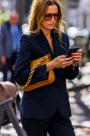 aviator sunglasses, bag, blazer, chain gold, navy blazer, ochre bag, orange bag, smartphone, stripes, stripes blazer, sunglasses, tortoise sunglasses, fashion week, frenchystyle, FW, jonathan paciullo, street style, PFW, PARIS, SPRING SUMMER 2022, SS 22, vertical, atmosphere details