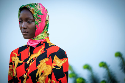 model, printed scarf, head scarf, multicolor scarf, blazer, animal motif, plaid blazer, close up, details, fashion week, frenchystyle, FW, jonathan paciullo, street style, PARIS, PFW, SPRING SUMMER 2022, SS 22, atmosphere details, detail, horizontal