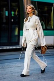 acne studios bag, acne studios look, bag, black boots, blue earrings, brown bag, corduroy pants, crop knit, crop top, long sleeves, monochrome, necklace, orange bag, pants, shirt, silver necklace, small bag, statement necklace, white crop top, white monochrome, white pants, white shirt, Xenia Adonts, street style, jonathan paciullo, FW, frenchystyle, fashion week, PFW, PARIS, SPRING SUMMER 2022, SS 22, vertical, full length