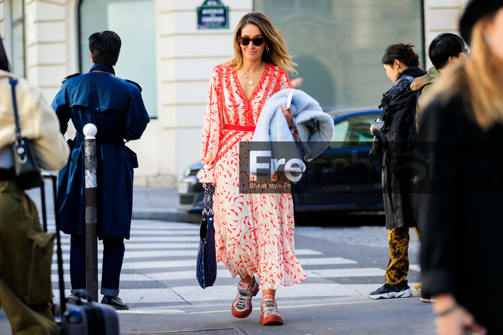 blue bag, graphic dress, gucci, leather bag, leather shoes, pleated dress, printed dress, red dress, red sneakers, sunglasses, tiany kiriloff, fashion week, frenchystyle, FW, jonathan paciullo, street style, PFW, PARIS, AUTUMN WINTER 2019-2020, AW 19-20, FALL WINTER 2019-2020, FW 19-20, horizontal, atmosphere details, full length
