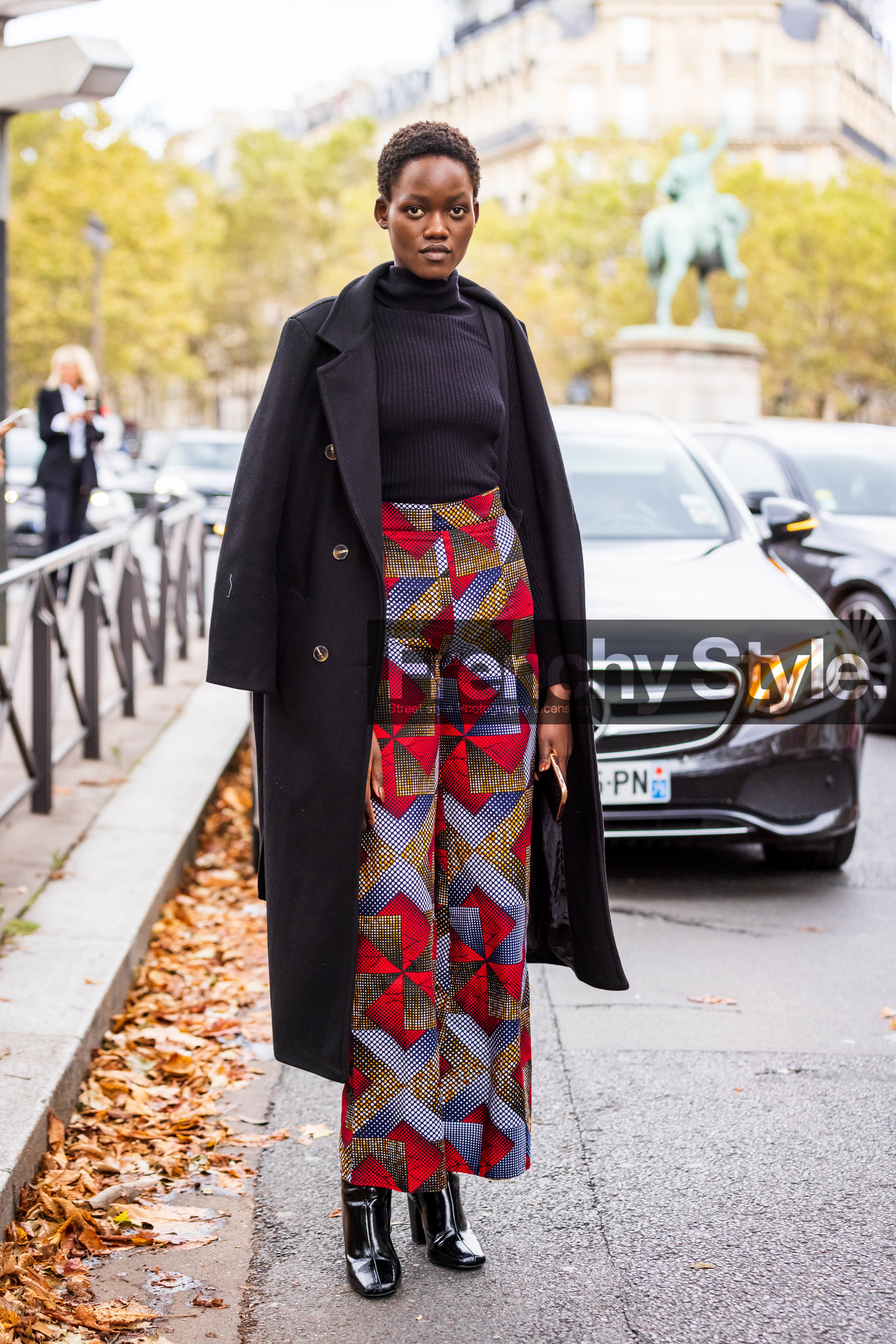 black boots, black coat, black turtleneck, boots, coat, color, grey pants, long coat, pants, patent boots, print, printed pants, red pants, ribbed turtleneck, turtleneck, wool coat, fashion week, frenchystyle, FW, jonathan paciullo, street style, PFW, PARIS, SPRING SUMMER 2022, SS 22, vertical, full length
