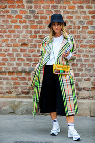 beige coat, black hat, black shorts, bucket hat, chanel handbag, checked, christian dior, graphic bag, graphic jacket, leather bag, leather shoes, neon, plaid, printed bag, printed jacket, tartan, transparent bag, trousers, white shoes, white sneakers, white socks, white t-shirt, yellow bag, MILAN, MFW, fashion week, frenchystyle, FW, jonathan paciullo, street style, AUTUMN WINTER 2019-2020, AW 19-20, FALL WINTER 2019-2020, FW 19-20, vertical, full length