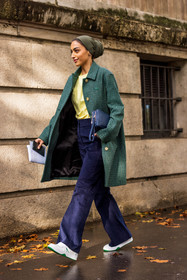 bag, blue bag, check, checked coat, coat, flare pants, green coat, hairstyle, head scarf, khaki scarf, lacoste look, navy pants, pants, print, sneakers, velvet pants, white sneakers, Yara Alnamiah, yellow t-shirt, lacoste, fashion week, frenchystyle, FW, jonathan paciullo, street style, PFW, PARIS, SPRING SUMMER 2022, SS 22, vertical, full length