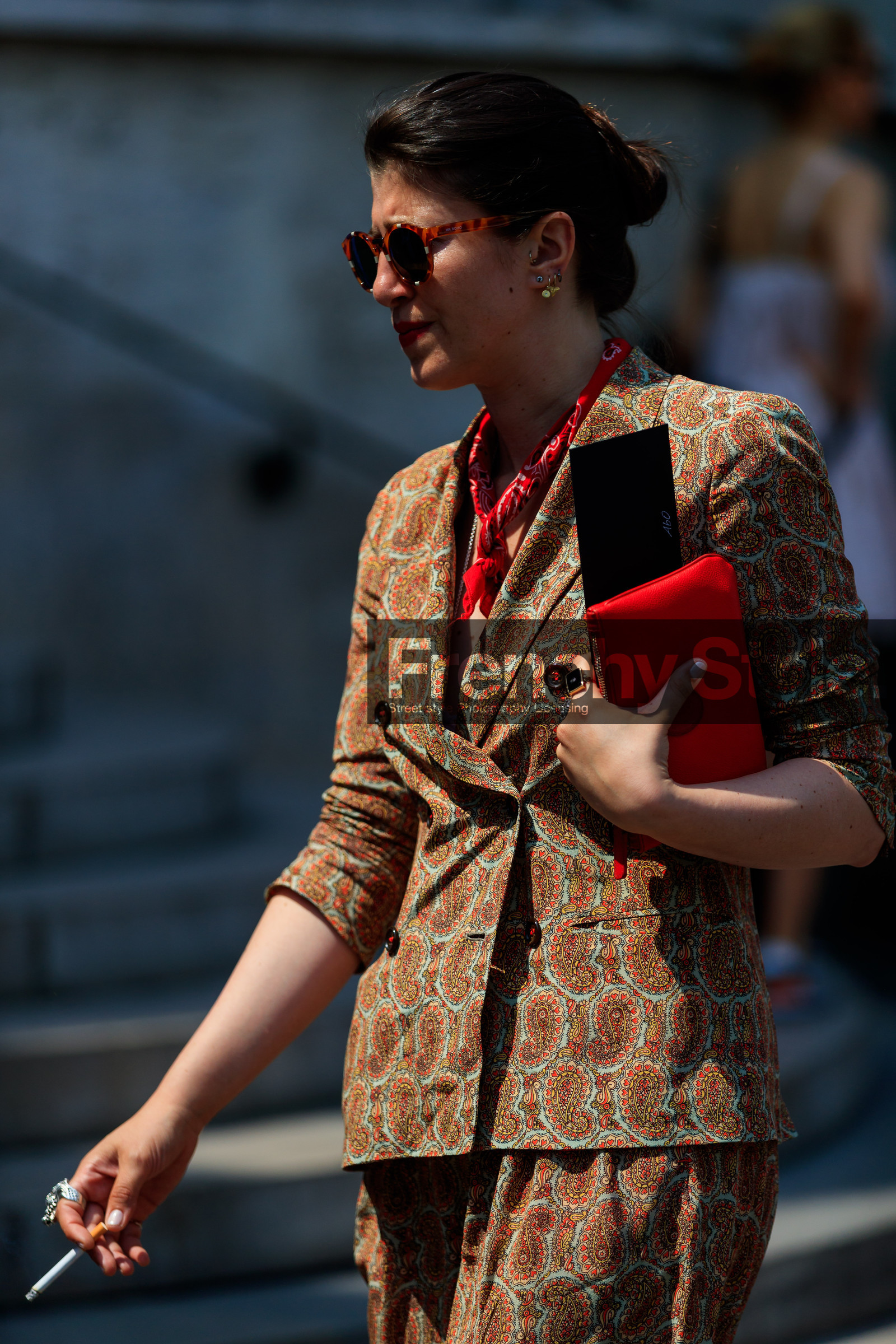atmosphere details, brown jacket, brown pants, detail, fashion week, frenchystyle, FW, graphic jacket, jonathan paciullo, leather bag, MENSWEAR, PARIS, PFW, printed jacket, printed pants, red bag, red bandana, SPRING SUMMER 2018, SS 18, street style, sunglasses, vertical