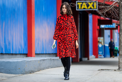 atmosphere details, AUTUMN WINTER 2016-2017, AW 16-17, black, black boots, black pants, chloe hill, fashion week, frenchystyle, full length, FW, FW 16-17, horizontal, jonathan paciullo, leather boots, NEW YORK, NYFW, printed dress, red, red dress, street style, studs, trousers, woman