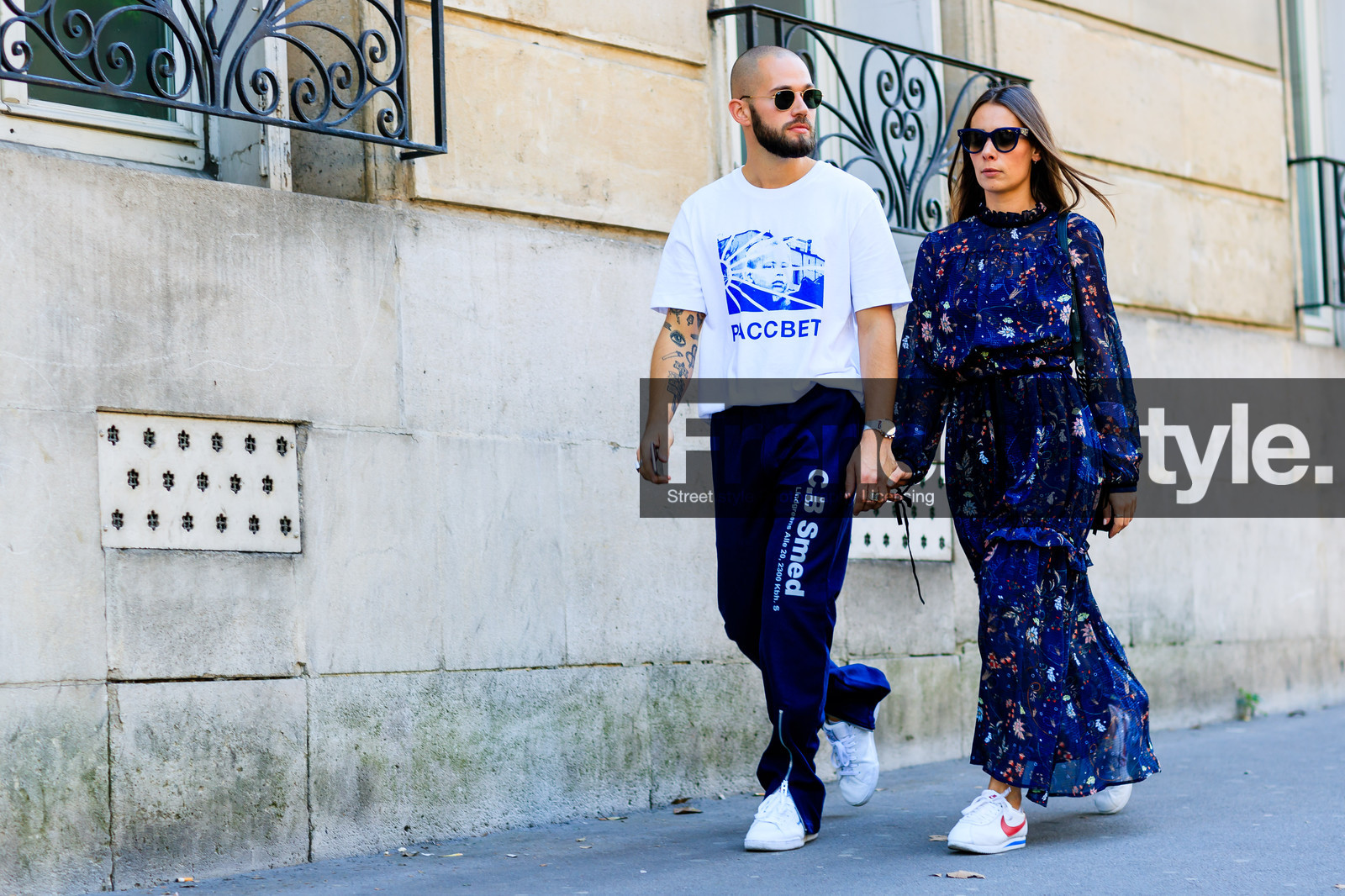 Alice & Js, atmosphere details, blue dress, fashion week, floral, flower, frenchystyle, full length, FW, gosha rubchinskiy, horizontal, jonathan paciullo, leather shoes, leather sneakers, nike, PARIS, PFW, printed dress, printed t shirt, silk dress, SPRING SUMMER 2017, SS 17, street style, sunglasses, sweatpants, trousers, white sneakers, white t shirt