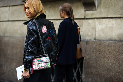 atmosphere details, AUTUMN WINTER 2016-2017, AW 16-17, back detail, black jacket, black pants, black perfecto, detail, embroidered jacket, embroideries, FALL WINTER 2016-2017, fashion week, floral, flower, frenchystyle, FW, FW 16-17, gucci, horizontal, jonathan paciullo, leather bag, leather jacket, leather perfecto, LFW, LONDON, MENSWEAR, pernille teisbaek, printed bag, street style, trousers, varnished leather, wide pants