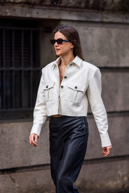 black pants, black sunglasses, jacket, leather jacket, leather pants, pants, ruffles, sunglasses, white jacket, fashion week, frenchystyle, FW, jonathan paciullo, street style, PFW, PARIS, SPRING SUMMER 2022, SS 22, vertical, atmosphere details