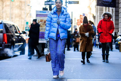 atmosphere details, AUTUMN WINTER 2016-2017, AW 16-17, beige knit, blue jacket, blue pants, blue shirt, brown bag, camel bag, caroline issa, check shirt, checked pants, detail, down jacket, embroidered slippers, fashion week, frenchystyle, FW, FW 16-17, horizontal, jonathan paciullo, leather bag, leather slippers, NEW YORK, NYFW, pink slippers, plaid, street style, sunglasses, woman