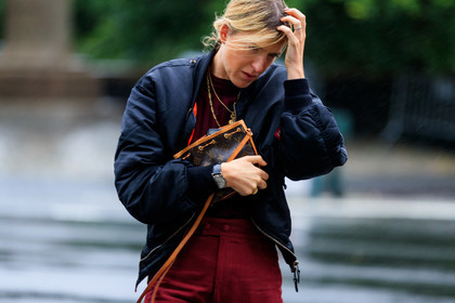 black jacket, bomber jacket, brown bag, graphic bag, leather bag, louis vuitton, monogram, necklace, printed bag, red pants, trousers, street style, jonathan paciullo, FW, frenchystyle, fashion week, NYFW, NEW YORK, SPRING SUMMER 2019, SS 19, atmosphere details, horizontal, detail