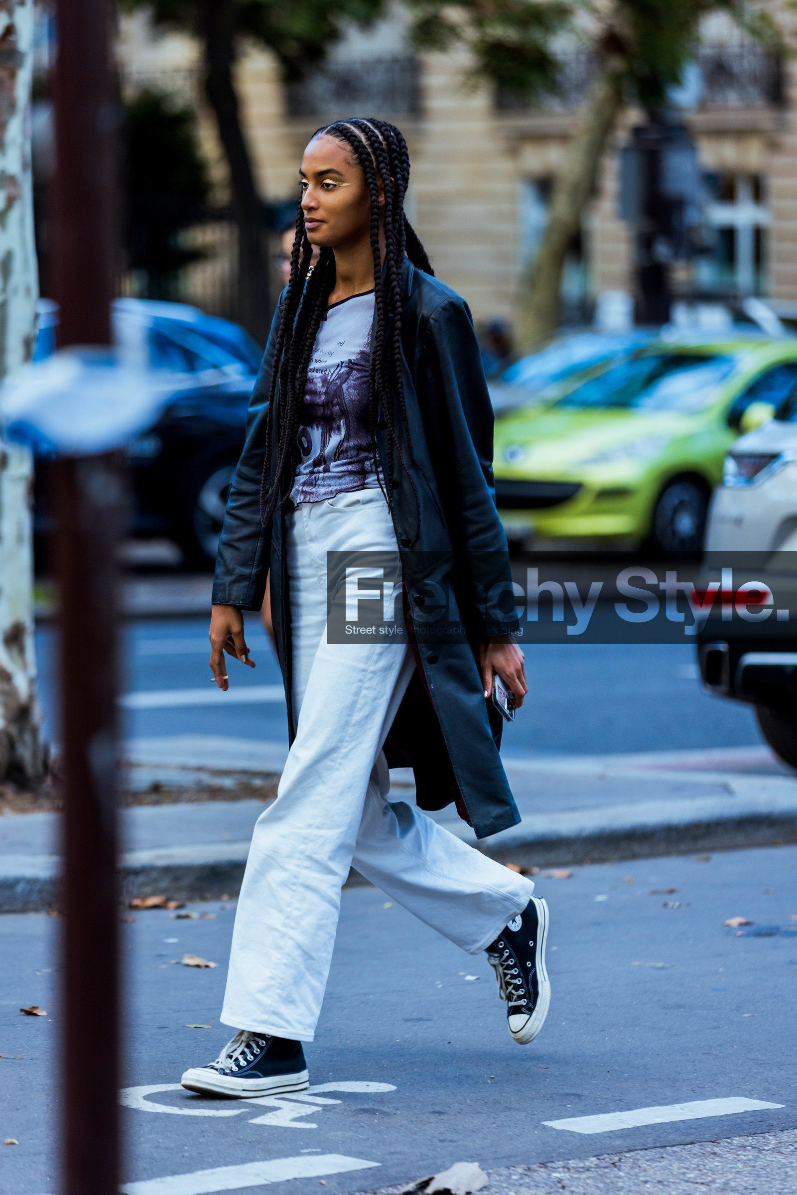 back converse, black and white, black coat, black sneakers, braid, coat, converse, denim, flare denim, flare jean, gold eyeliner, jean, leather coat, print, printed top, top, white denim, white jean, fashion week, frenchystyle, FW, jonathan paciullo, street style, PFW, PARIS, SPRING SUMMER 2022, SS 22, vertical, full length, model