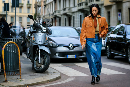 beige shirt, black shoes, blue denim, brown sweater, camel jacket, denim skirt, graphic skirt, leather jacket, leather shoes, printed skirt, yoyo cao, MILAN, MFW, fashion week, frenchystyle, FW, jonathan paciullo, street style, AUTUMN WINTER 2019-2020, AW 19-20, FALL WINTER 2019-2020, FW 19-20, atmosphere details, full length, horizontal