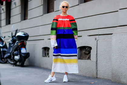 atmosphere details, AUTUMN WINTER 2017-2018, AW 17-18, FALL WINTER 2017-2018, fashion week, frenchystyle, full length, FW, FW 17-18, geometric, graphic dress, horizontal, jonathan paciullo, leather shoes, long dress, MFW, MILAN, multicolor dress, olga karput, patchwork, printed dress, street style, striped dress, sunglasses, trousers, white sneakers