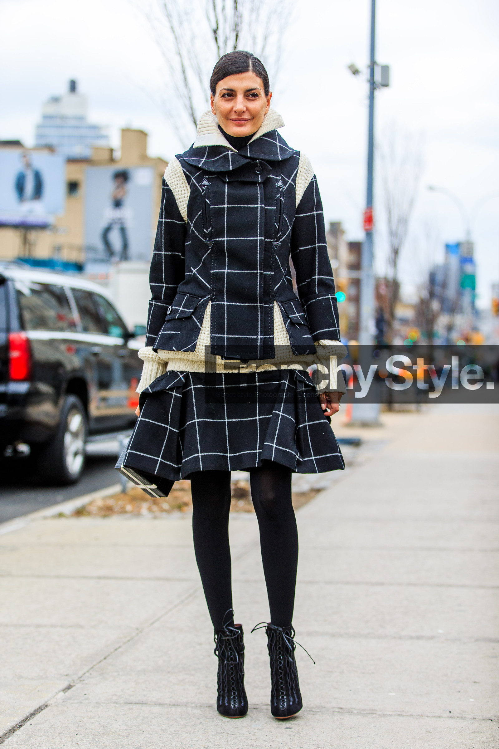 AUTUMN WINTER 2016-2017, AW 16-17, azzedine alaïa, black boots, black heels, black jacket, black skirt, check jacket, checked skirt, fashion week, frenchystyle, full length, FW, FW 16-17, geometric, giovanna battaglia, graphic skirt, jonathan paciullo, lace up shoes, leather shoes, NEW YORK, NYFW, plaid, sacai, street style, striped jacket, striped skirt, stripes, vertical, white cardigan, woman
