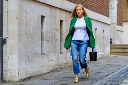 atmosphere details, black bag, blazer, blue denim, checked jacket, denim pants, fashion week, frenchystyle, full length, FW, golden shoes, graphic jacket, green jacket, high heels, horizontal, houndstooth pattern, jeans, jonathan paciullo, kate foley, leather bag, leather shoes, LFW, LONDON, plaid, printed jacket, shiny shoes, SPRING SUMMER 2018, SS 18, street style, trousers, white t shirt