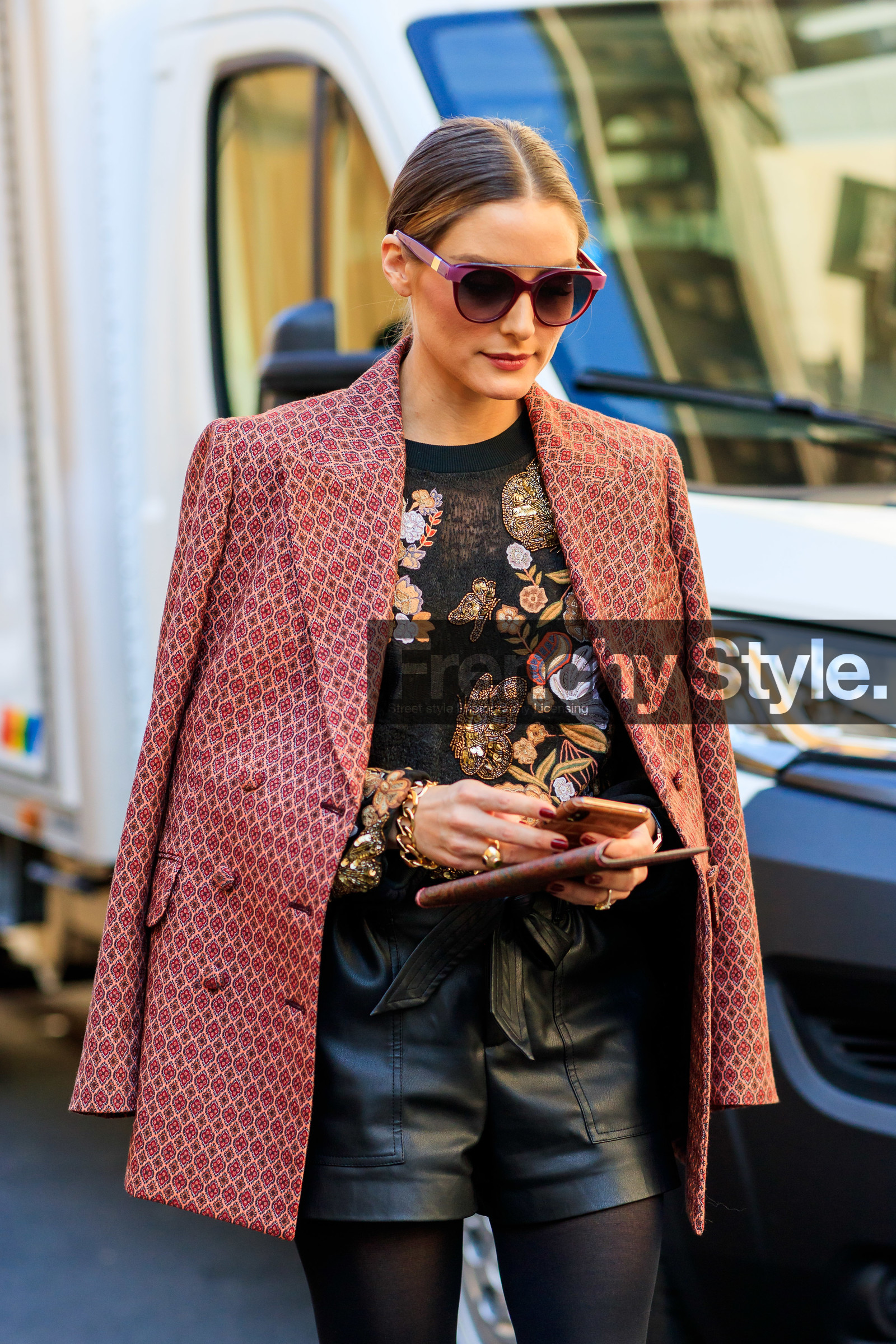 black shorts, black top, blazer, bracelet, embroidered top, embroideries, graphic jacket, leather shorts, olivia palermo, over the shoulder, printed jacket, red jacket, sunglasses, MILAN, MFW, fashion week, frenchystyle, FW, jonathan paciullo, street style, AUTUMN WINTER 2019-2020, AW 19-20, FALL WINTER 2019-2020, FW 19-20, vertical, atmosphere details, detail