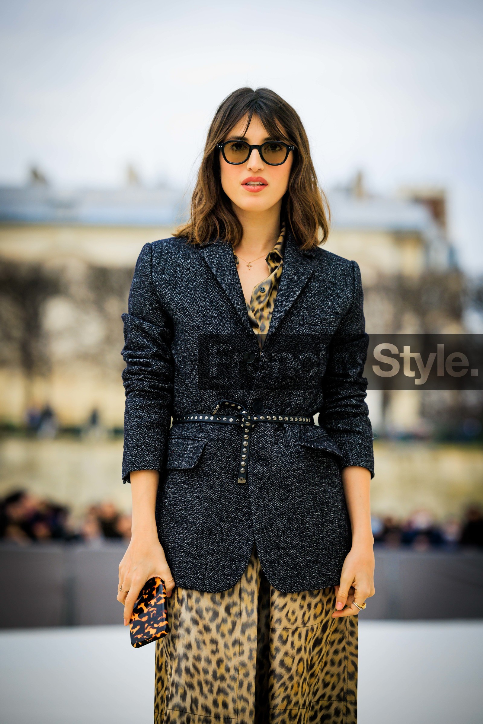 leopard print dress, midi dress, grey blazer, animal print skirt, dior, black stiletto, black sunglasses, studded belt, iphone, leopard print case, jeanne damas, fashion week, frenchystyle, FW, jonathan paciullo, street style, AUTUMN WINTER 2022-2023, FALL WINTER 2022_2023, FW 22-23, PFW, PARIS, vertical, detail