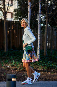 chloé, earrings, graphic skirt, green bag, leather bag, leather shoes, multicolor skirt, printed skirt, white jacket, white shoes, xenia tchoumi, xnenia adonts, PARIS, PFW, street style, jonathan paciullo, FW, frenchystyle, fashion week, AUTUMN WINTER 2019-2020, AW 19-20, FALL WINTER 2019-2020, FW 19-20, vertical, full length