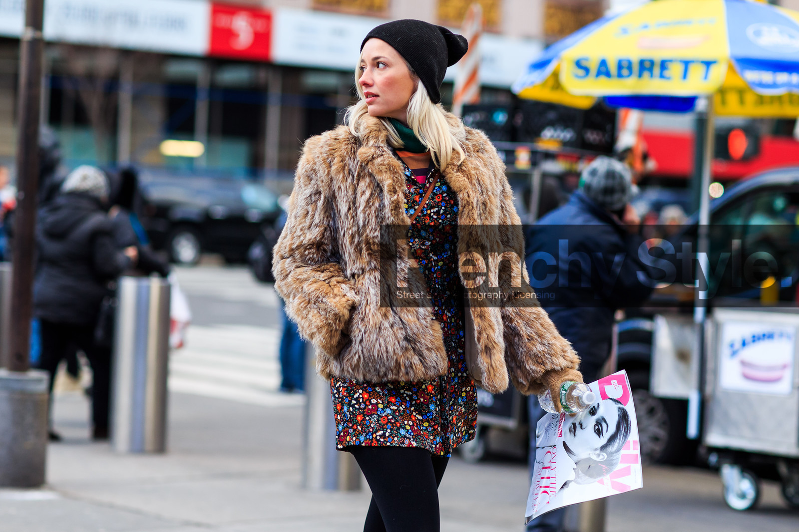 atmosphere details, AUTUMN WINTER 2016-2017, AW 16-17, black beanie, brown fur, brown jacket, detail, FALL WINTER 2016-2017, fashion week, floral, flower, frenchystyle, fur jacket, FW, FW 16-17, horizontal, jonathan paciullo, NEW YORK, NYFW, printed dress, street style, tights, woman