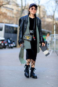 AUTUMN WINTER 2017-2018, AW 17-18, black bag, black cap, black dress, black jacket, black perfecto, black shoes, black socks, checked shirt, FALL WINTER 2017-2018, fashion week, frenchystyle, full length, FW, FW 17-18, gingham, jonathan paciullo, leather bag, leather jacket, leather perfecto, leather shoes, louis vuitton, PARIS, PFW, plaid, street style, sunglasses, velvet, vertical