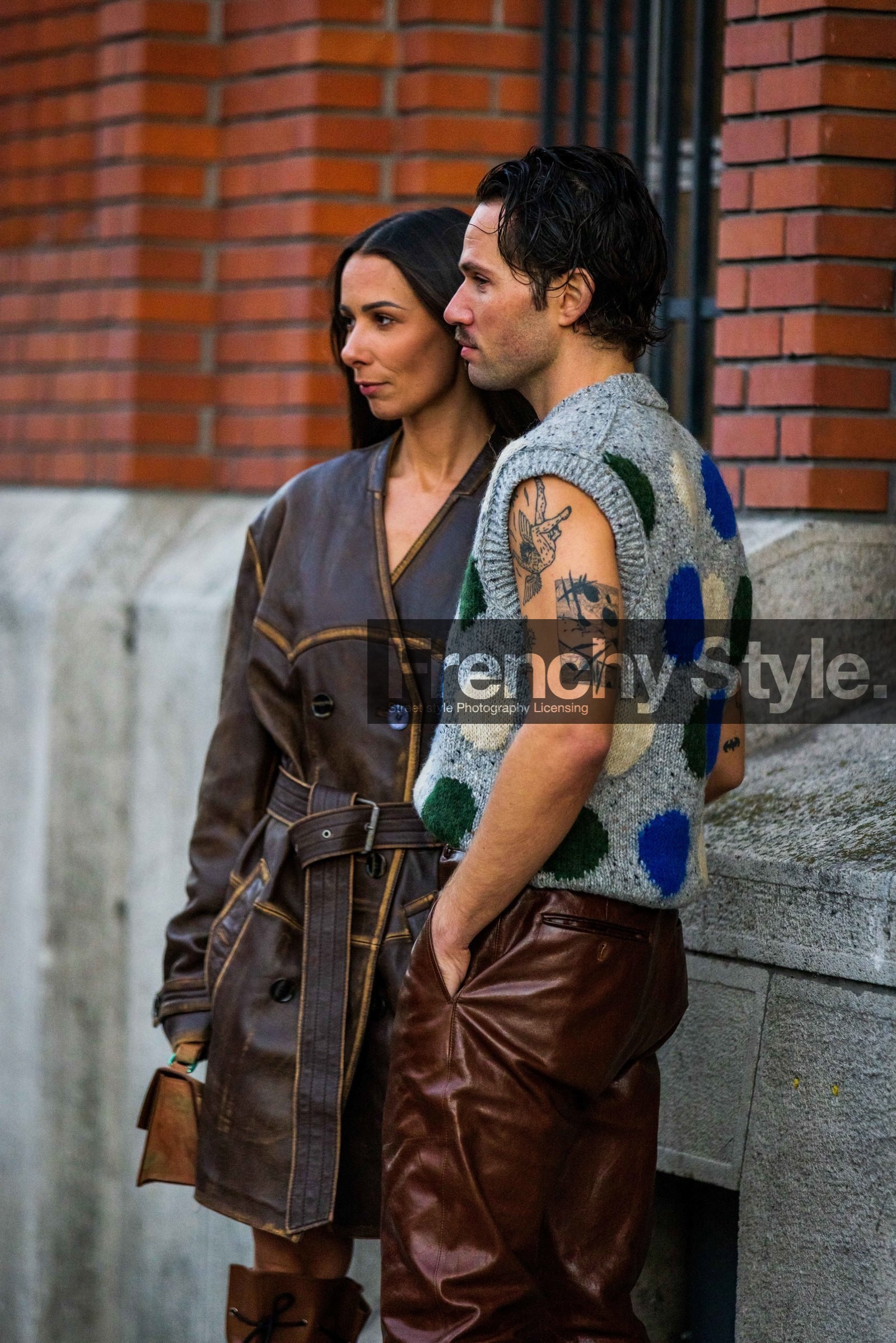 acne studios look, Alice Barbier, belted jacket, brown jacket, brown pants, brown, dots, grey knitwear, jacket, Jean-Sebastien Roques, knitwear, leather jacket, leather pants, menswear, pants, plateform, print, printed knitwear, sleveless knitwear, street style, jonathan paciullo, FW, frenchystyle, fashion week, PFW, PARIS, SPRING SUMMER 2022, SS 22, vertical, atmosphere details