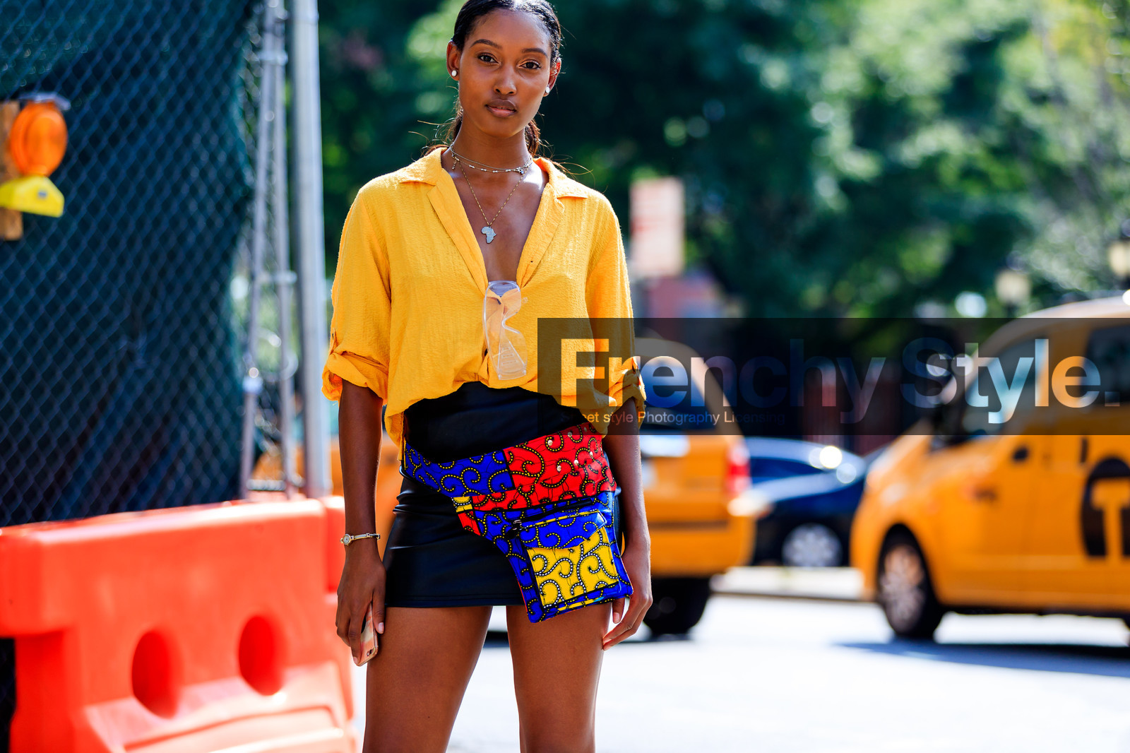 black skirt, blue bag, fanny pack, graphic bag, leather bag, leather skirt, multicolor bag, necklace, printed bag, red bag, sunglasses, yellow shirt, fashion week, frenchystyle, FW, jonathan paciullo, street style, NYFW, NEW YORK, SPRING SUMMER 2019, SS 19, atmosphere details, horizontal, detail