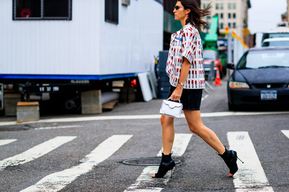 black denim, black shoes, denim skirt, graphic jacket, high heels, leather bag, leather shoes, open toe, prada, printed jacket, sunglasses, white bag, white jacket, fashion week, frenchystyle, FW, jonathan paciullo, street style, NYFW, NEW YORK, SPRING SUMMER 2019, SS 19, atmosphere details, horizontal, detail