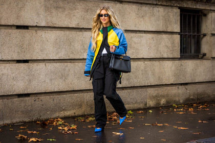 bag, black bag, black pants, black sunglasses, blue jacket, blue shoes, cap, color, Emili Sindlev, hermes bag, jacket, lacoste jacket, lacoste look, leather bag, pants, sunglasses, yellow jacket, lacoste, fashion week, frenchystyle, FW, jonathan paciullo, street style, PFW, PARIS, SPRING SUMMER 2022, SS 22, horizontal, atmosphere details, full length