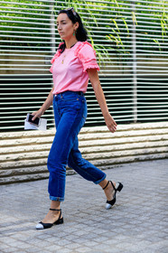 black and white shoes, blue denim, denim pants, fashion week, frenchystyle, full length, FW, jeans, jonathan paciullo, leather shoes, MENSWEAR, PARIS, PFW, pink top, ruffles, SPRING SUMMER 2018, SS 18, street style, trousers, vertical