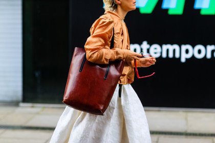 atmosphere details, bomber jacket, brown bag, detail, fashion week, frenchystyle, FW, horizontal, jonathan paciullo, leather bag, LFW, LONDON, orange jacket, SPRING SUMMER 2017, SS 17, street style, white skirt, woman