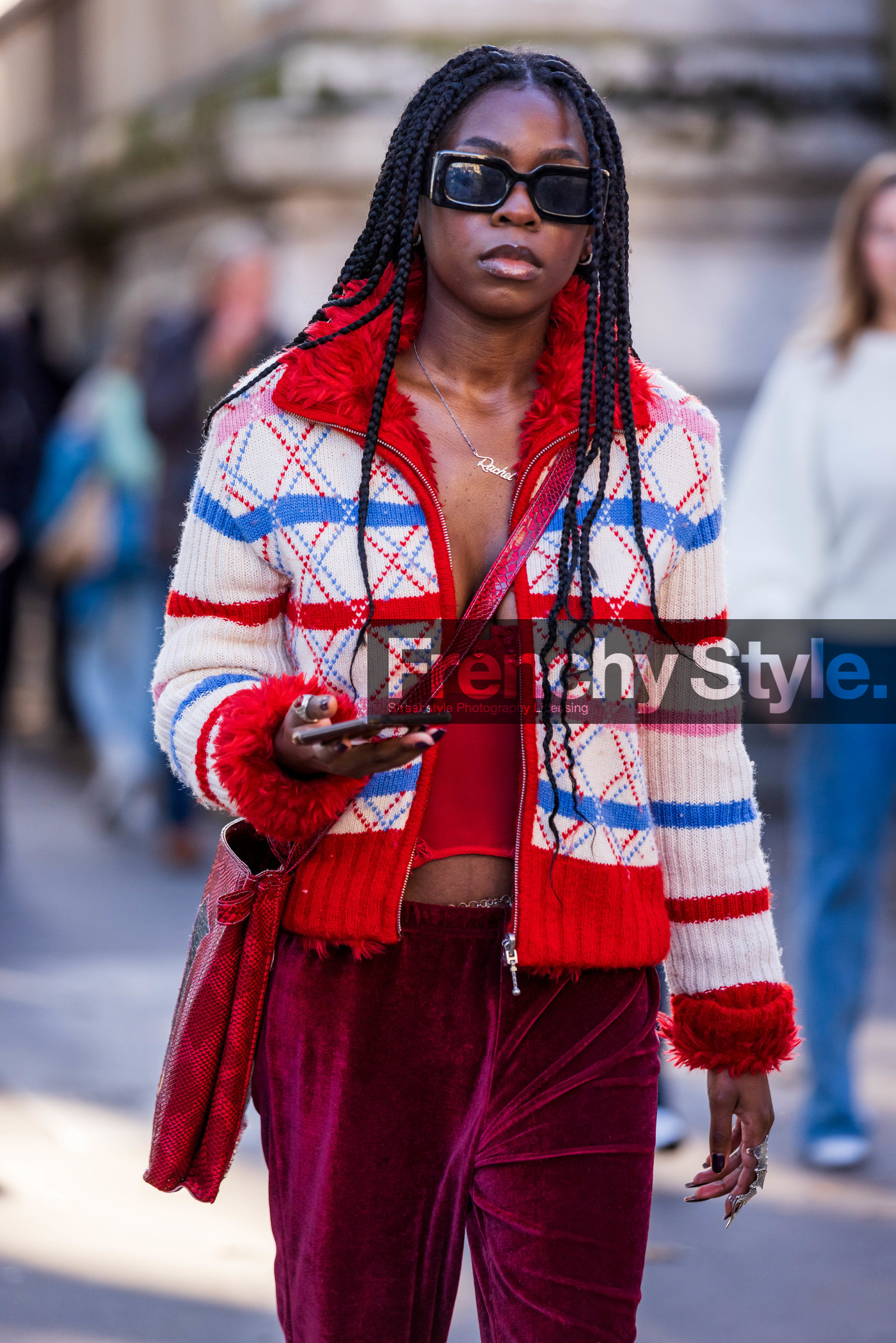 bag, blue stripes, burgundy pants, color, fluffly knitwear, jogging pants, knitwear, pants, rectangle sunglasses, red bag, red knitwear, stripes, sunglasses, velvet pants, zipped knitwear, lacoste, fashion week, frenchystyle, FW, jonathan paciullo, street style, PFW, PARIS, SPRING SUMMER 2022, SS 22, vertical, atmosphere details