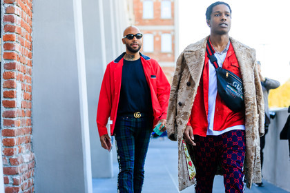 asap rocky, atmosphere details, black bag, blue pants, brown fur, detail, fanny pack, fashion week, frenchystyle, fur jacket, FW, graphic bag, graphic pants, gucci, horizontal, jonathan paciullo, leather bag, MFW, MILAN, printed bag, printed pants, red jacket, SPRING SUMMER 2018, SS 18, street style, trousers, white t shirt