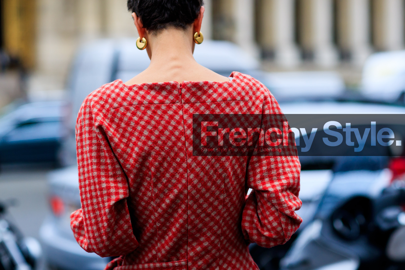 atmosphere details, checked dress, detail, earrings, fashion week, frenchystyle, FW, graphic dress, horizontal, jonathan paciullo, PARIS, PFW, plaid, printed dress, red dress, short hair, SPRING SUMMER 2018, SS 18, street style, yasmin sewell