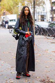 bag, black coat, black sneakers, cap, coat, crop top, green bag, green crop top, leather bag, leather coat, Mona Tougaard, red sneakers, sneakers, striped crop top, stripes, fashion week, frenchystyle, FW, jonathan paciullo, street style, PFW, PARIS, SPRING SUMMER 2022, SS 22, vertical, full length