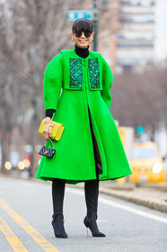 AUTUMN WINTER 2016-2017, AW 16-17, black heels, black leggings, black pants, earrings, embroidered coat, embroideries, fashion week, frenchystyle, full length, FW, FW 16-17, glitter, golden heel, green coat, high heels, iphone, jonathan paciullo, leaf greener, leather bag, NEW YORK, NYFW, sequined, shiny, stir pants, street style, studs, suede shoes, sunglasses, trousers, vertical, woman, yellow bag