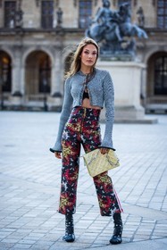 bag, black boots, black pants, boots, bra, cardigan, Eileen Gu, gold bag, grey cardigan, high waist pants, lace bra, leather boots, leather pants, louis vuitton look, pants, print, printed pants, red pants, ribbed cardigan, fashion week, frenchystyle, FW, jonathan paciullo, street style, PFW, PARIS, SPRING SUMMER 2022, SS 22, vertical, full length