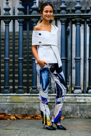 anna rosa vitiello, asymetric, black shoes, blue pants, earrings, fashion week, frenchystyle, full length, FW, high heels, jonathan paciullo, leather shoes, LFW, LONDON, off the shoulder, printed pants, SPRING SUMMER 2017, SS 17, street style, trousers, vertical, white top, woman