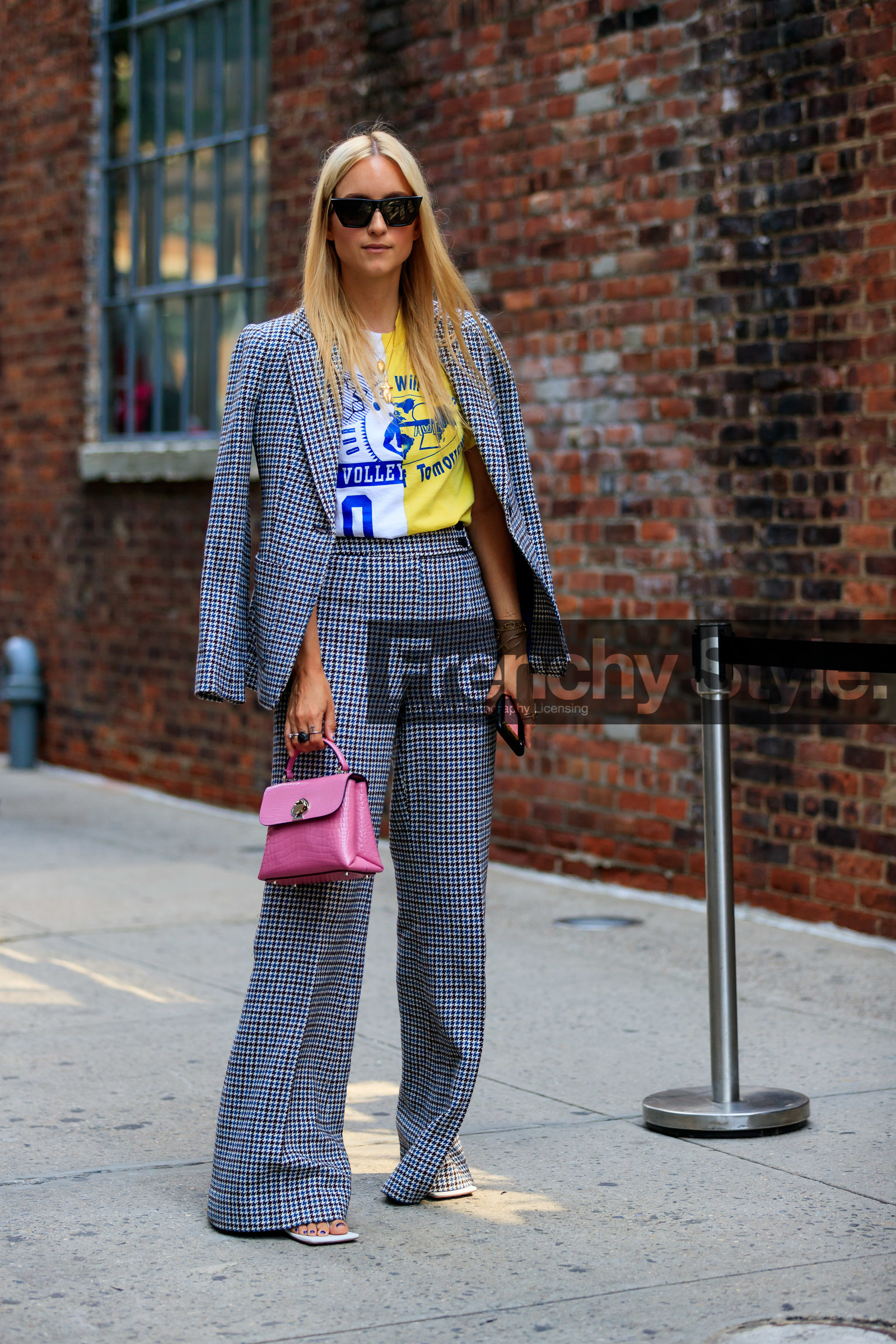 Charlotte Groeneveld, checked, chloé, graphic jacket, graphic pants, grey jacket, grey pants, grey suit, high waist, houndstooth pattern, leather bag, leather shoes, over the shoulder, pink bag, plaid, printed jacket, printed pants, printed suit, printed t shirt, sunglasses, trousers, yellow t shirt, fashion week, frenchystyle, FW, jonathan paciullo, street style, NEW YORK, NYFW, SPRING SUMMER 2020, SS 20, vertical, full length