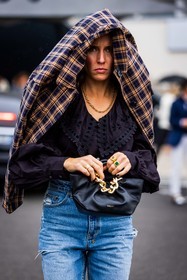 bag, black bag, black blouse, blouse, blue denim, blue jean, brown jacket, chain bag, checked jacket, denim, embroidery, gold necklace, jacket, jean, leather bag, navy jacket, necklace, print, printed jacket, rings, statement collar, fashion week, frenchystyle, FW, jonathan paciullo, street style, PFW, PARIS, SPRING SUMMER 2022, SS 22, vertical, atmosphere details