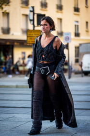 acne studios looks, belt, black belt, black boots, black coat, coat, fringes, grey knitwear, knitwear, large belt, leather coat, long coat, Marta Cygan, socks, transparent, wool socks, street style, jonathan paciullo, FW, frenchystyle, fashion week, PFW, PARIS, SPRING SUMMER 2022, SS 22, vertical, full length