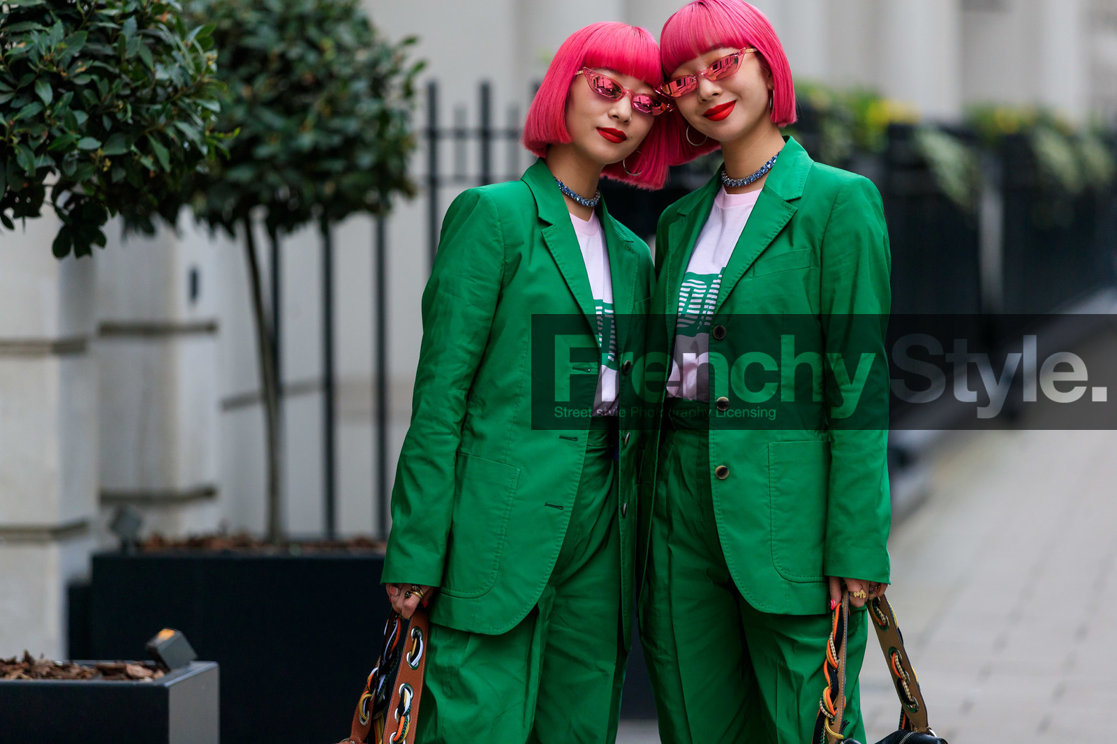 Ami and Aya Suzuki, dyed hair, green jacket, green pants, green suit, necklace, pink hair, red lips, sunglasses, trousers, white t shirt, street style, jonathan paciullo, FW, frenchystyle, fashion week, LFW, LONDON, AUTUMN WINTER 2019-2020, AW 19-20, FW 19-20, FALL WINTER 2019-2020, horizontal, atmosphere details, detail