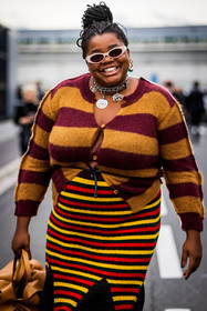 bag, burgundy cardigan, cardigan, color, Gabriella Karefa Johnson, leather bag, necklace, oversize bag, red skirt, silver necklace, skirt, striped cardigan, striped skirt, stripes, sunglasses, yellow bag, yellow cardigan, yellow skirt, PARIS, PFW, fashion week, frenchystyle, FW, jonathan paciullo, street style, SPRING SUMMER 2022, SS 22, vertical, atmosphere details