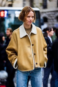 blue denim, blue jean, camel coat, coat, denim, Freja Beha Erichsen, jean, leather coat, shearling, street style, jonathan paciullo, FW, frenchystyle, fashion week, PFW, PARIS, SPRING SUMMER 2022, SS 22, vertical, atmosphere details, model