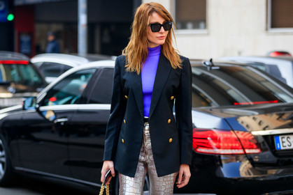 black jacket, blazer, ece sukan, leather pants, purple sweater, silver pants, sunglasses, trousers, MILAN, MFW, fashion week, frenchystyle, FW, jonathan paciullo, street style, AUTUMN WINTER 2019-2020, AW 19-20, FALL WINTER 2019-2020, FW 19-20, atmosphere details, detail, horizontal