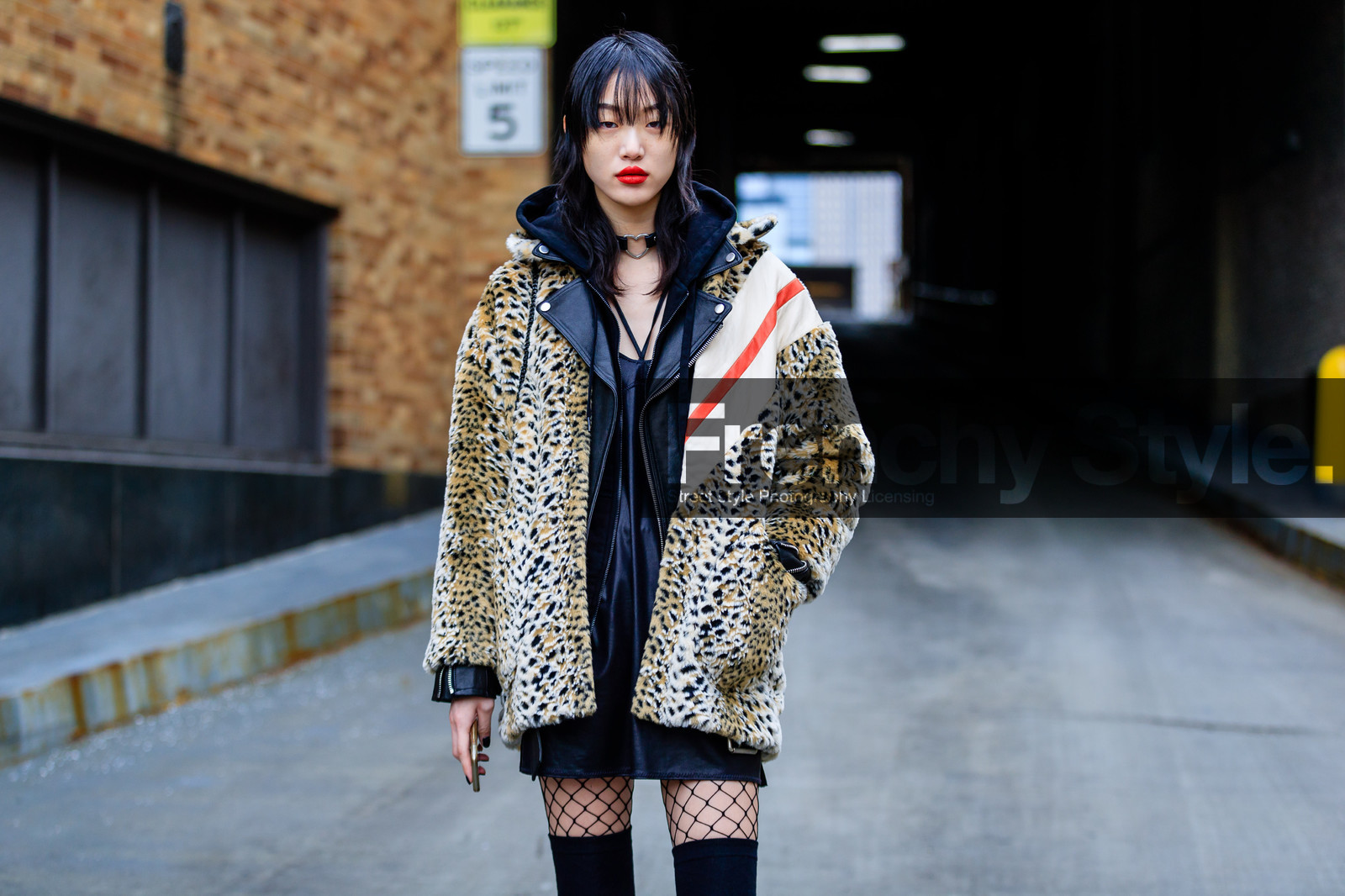 animal print, atmosphere details, AUTUMN WINTER 2017-2018, AW 17-18, beige jacket, black dress, black jacket, black perfecto, black socks, black sweater, choker, detail, FALL WINTER 2017-2018, fashion week, fishnet, frenchystyle, fur jacket, FW, FW 17-18, high socks, hoodie, horizontal, jonathan paciullo, leather dress, leather jacket, leather perfecto, leopard, leopard print, model, necklace, NEW YORK, NYFW, printed jacket, red lips, sora choi, street style, tights