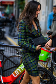 bag, check, green jacket, jacket, leather bag, print, printed jacket, printed skirt, saint laurent bag, short skirt, skirt, tartan, street style, jonathan paciullo, FW, frenchystyle, fashion week, PFW, PARIS, SPRING SUMMER 2022, SS 22, vertical, atmosphere details