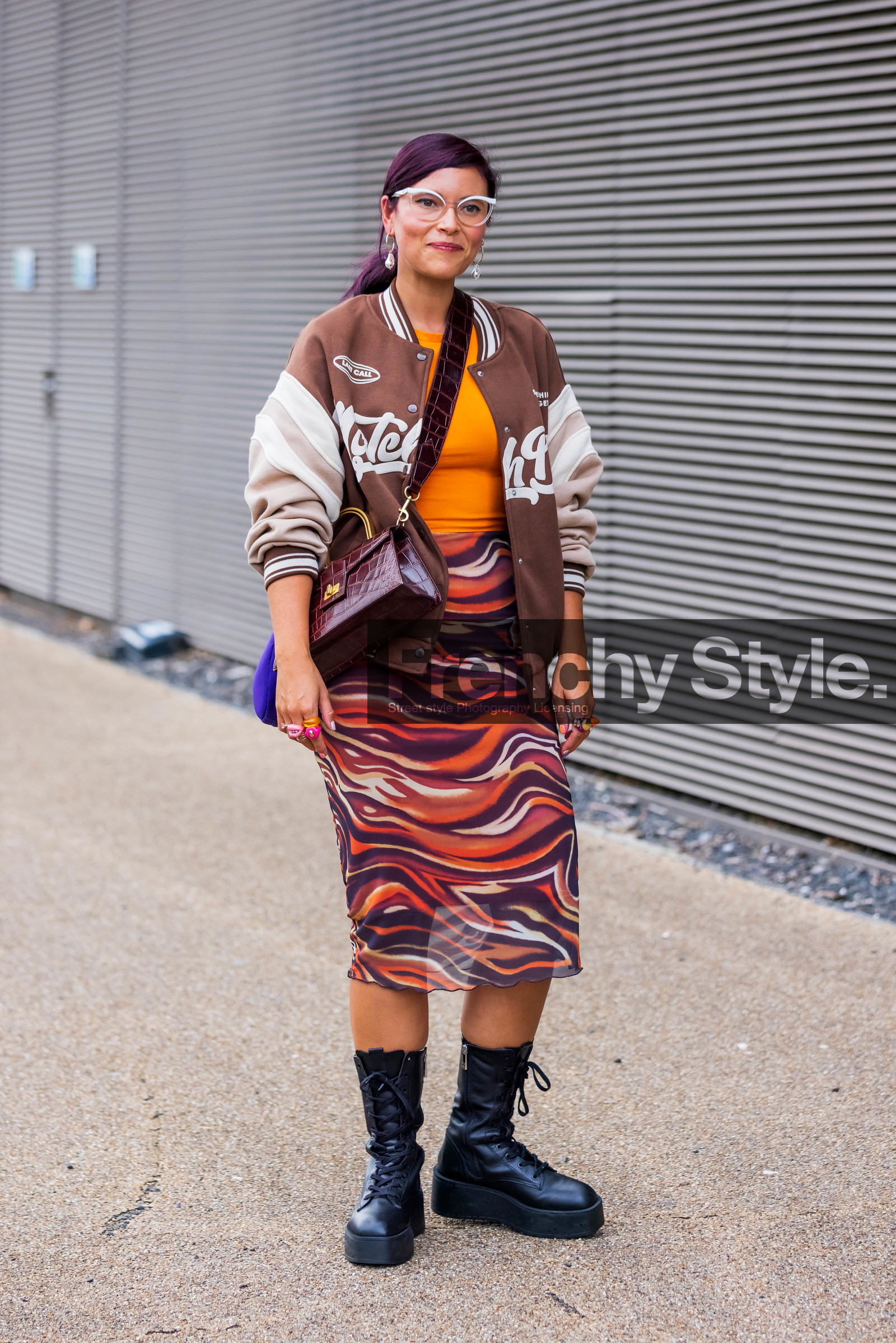 print, pearls, boots, black, military boots, crossbody bag, handbag, bomber jacket, jacket, glasses, orange, top, ring, fashion week, frenchystyle, FW, jonathan paciullo, street style, SPRING SUMMER 2022, SS 22, LFW, LONDON, vertical, full length