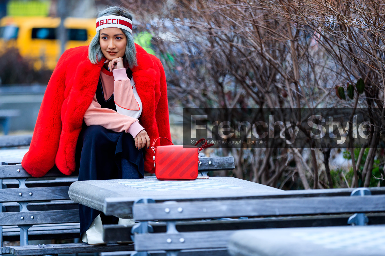 black overall, dyed hair, graphic bag, gucci, headband, leather bag, off white, over the shoulder, pink sweater, printed bag, red bag, red jacket, trousers, white boots, street style, jonathan paciullo, FW, frenchystyle, fashion week, NYFW, NEW YORK, AUTUMN WINTER 2018-2019, AW 18-19, FALL WINTER 2018-2019, FW 18-19, atmosphere details, horizontal, detail